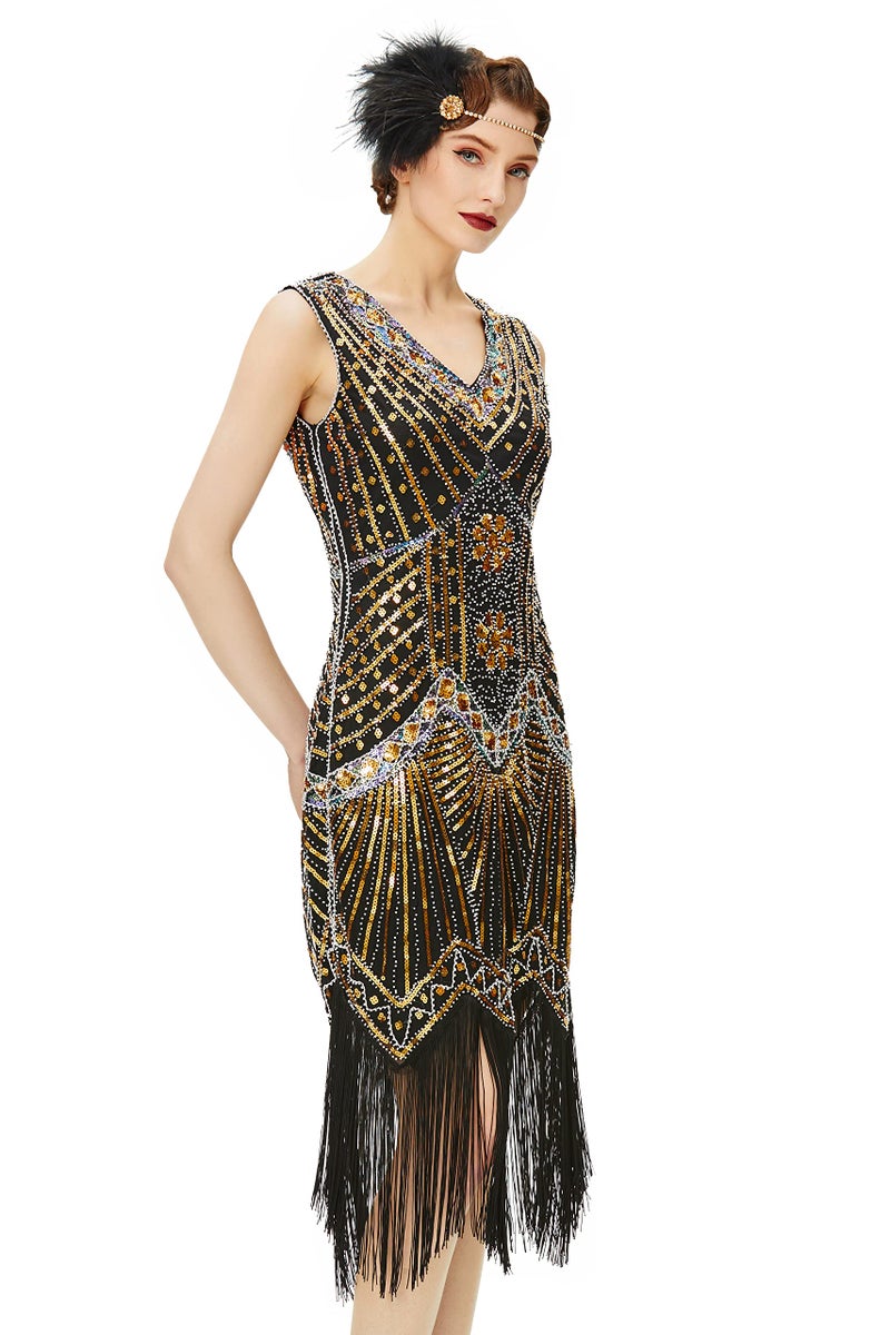 BABEYOND Women's Flapper Dresses 1920s V Neck Beaded Fringed Great Gatsby Dress Gold - Image 1